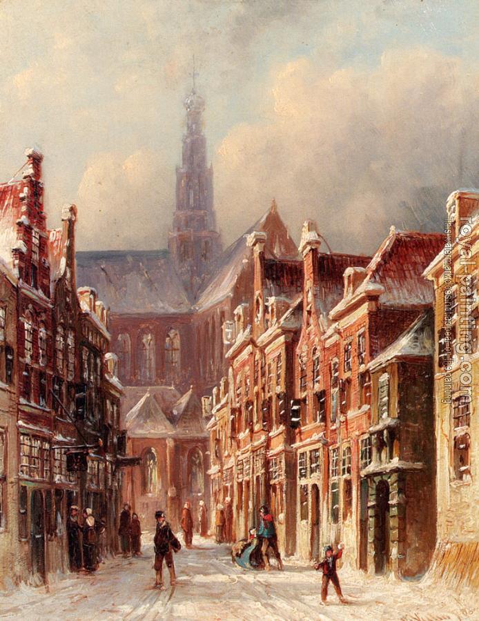Pieter Gerard Vertin : A Snowy Street with The St Bavo Beyond Haarlem